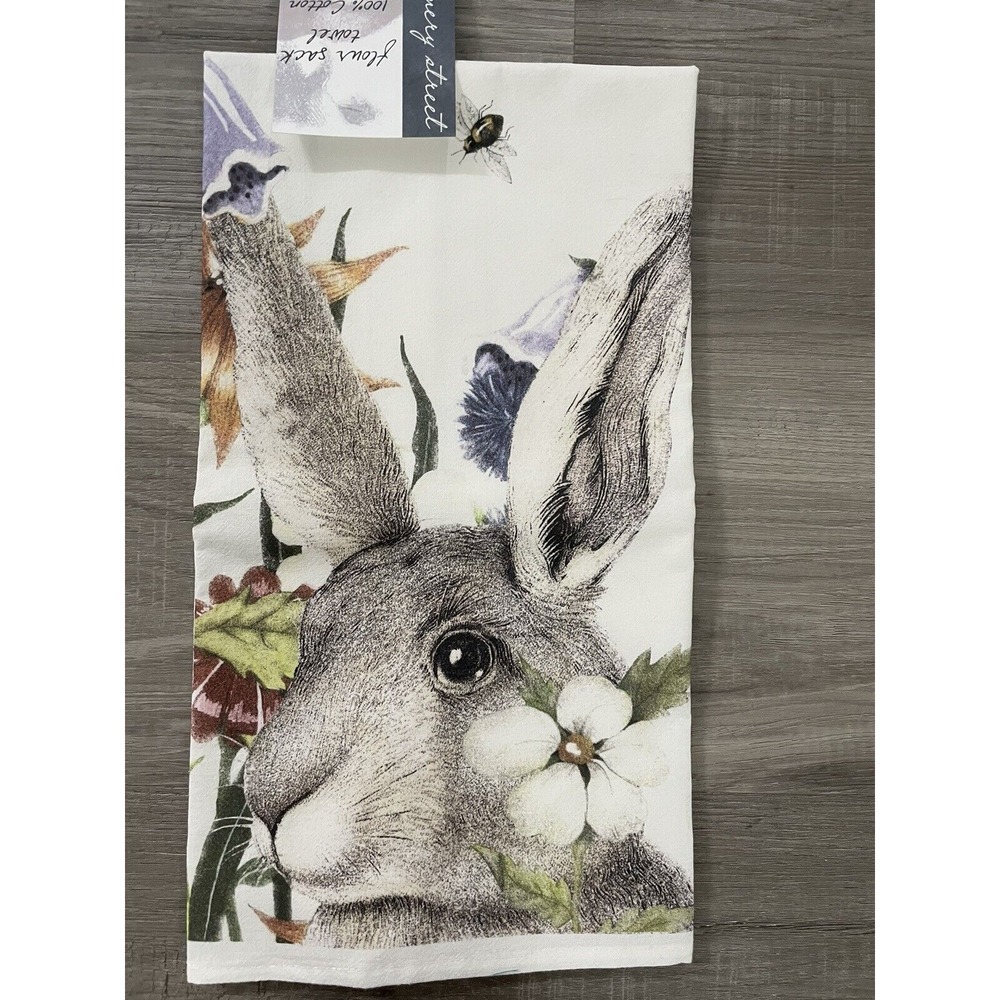 Montgomery Street Rabbit with Flowers Cotton Flour Sack Dish Towel NWT